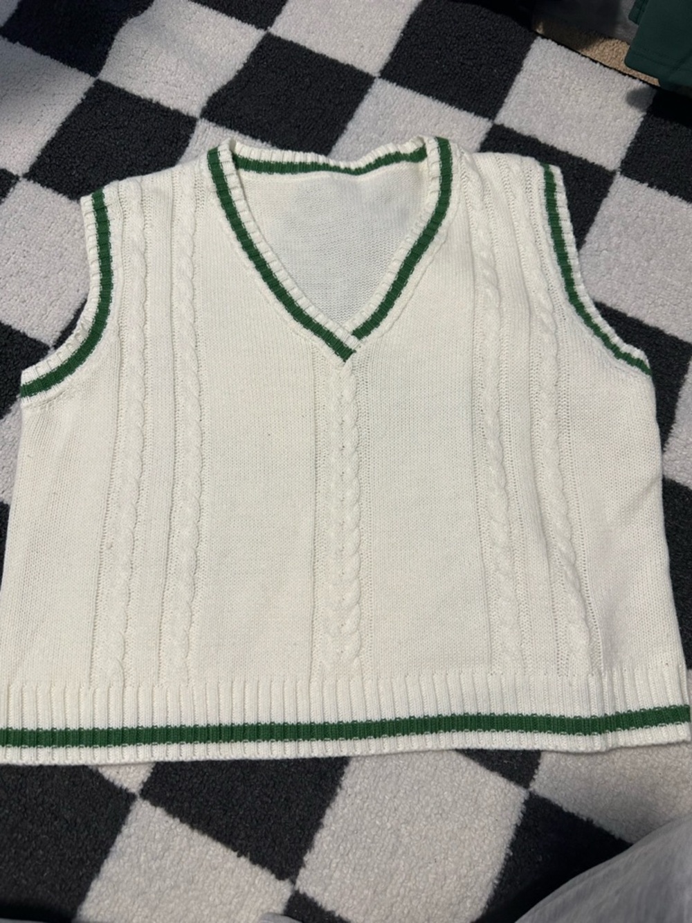 Women's White Cable Knit V-Neck Sweater Vest with Green Trim